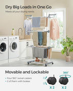 SONGMICS Clothes Drying Rack Stand 4-Tier, Foldable Laundry Drying Rack 68.1-Inch Tall, Steel, Rolling Clothes Horses Dryer Rack, Easy to Assemble, Indoor Outdoor Use, White ULLR701W01