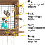 Rustic Jewelry Organizer Wall Mount with Bracelet Pegs-Necklace Holder Earring Hanger-Hanging Mounted Wooden Shelf to Display Earrings Necklaces and Accessories