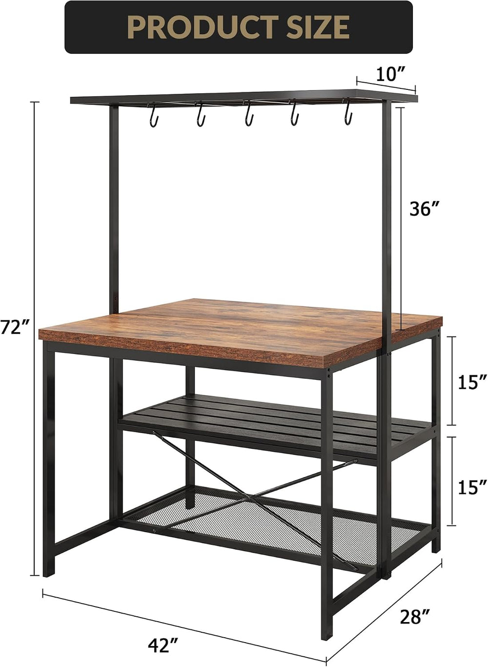 TrailBlaze 42'' Kitchen Island with Storage– 3-Tier Bakers Rack, Wood...