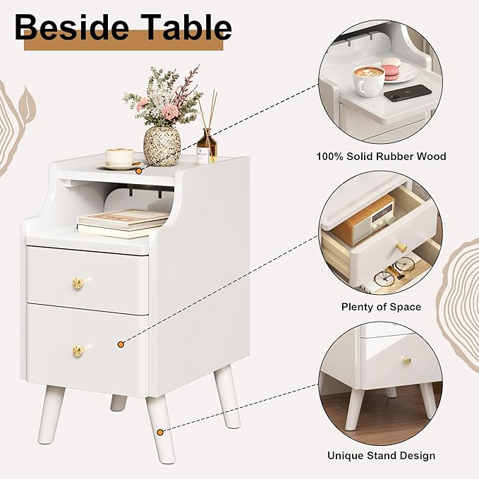 Narrow Nightstand, Solid Wood Night Stand with 2 Drawers, Black Mid Century Modern Nightstand, Small Beside Table with Open Storage Shelf for Bedroom（12 inch