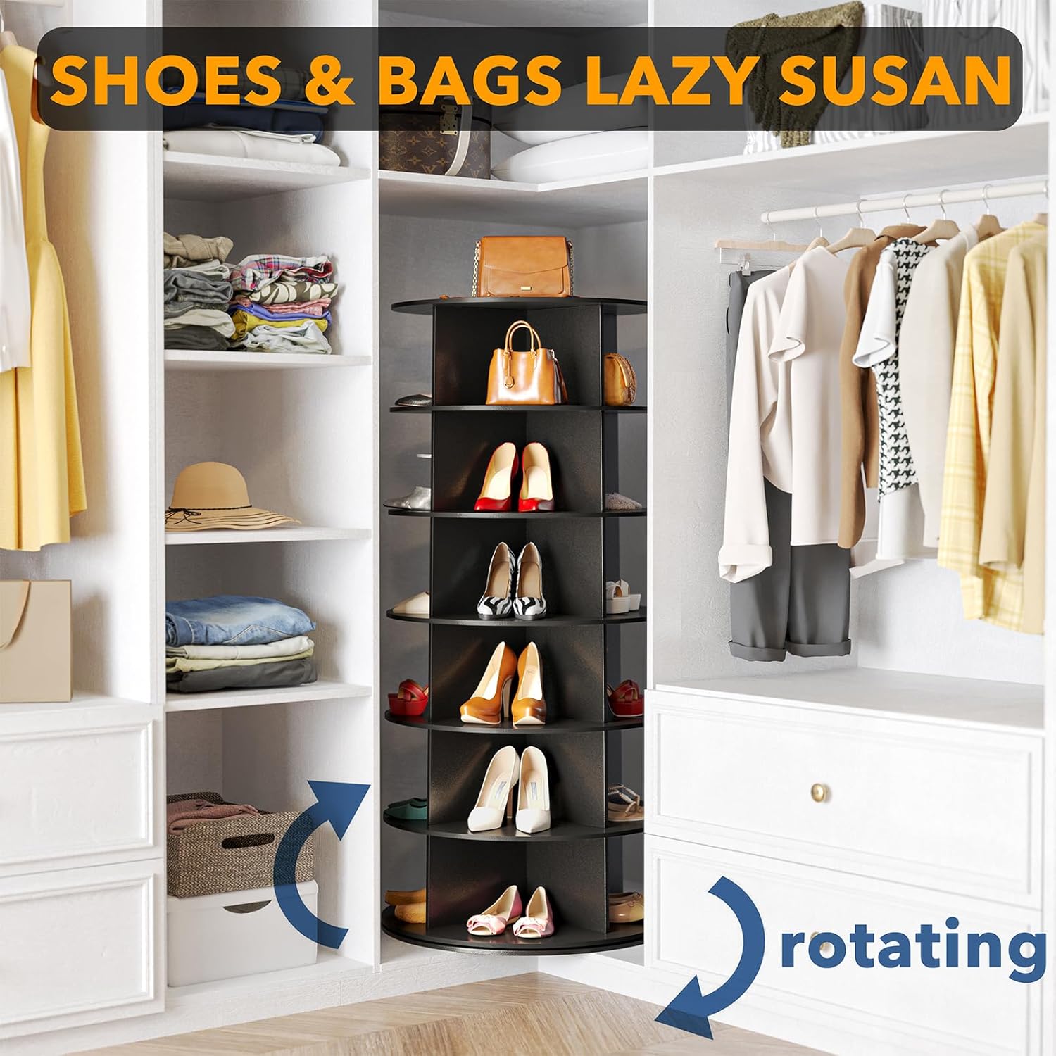 SpaceAid 6 Tier Rotating Shoe Rack Tower, Spinning Shoe Display Lazy Susan, Revolving 360 Shoe Rack Storage Round Carousel, Vertical Handbag Rotate Shoes Closet Organization (6-Tier Black)