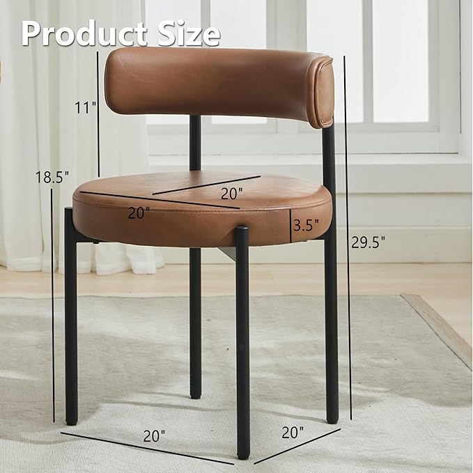 Faux Leather Dining Chairs Set of 2, Mid Century Modern Dining Room Chairs with Barrel Backrest, Upholstered Brown Kitchen Chairs for Dining Room, Restaurant