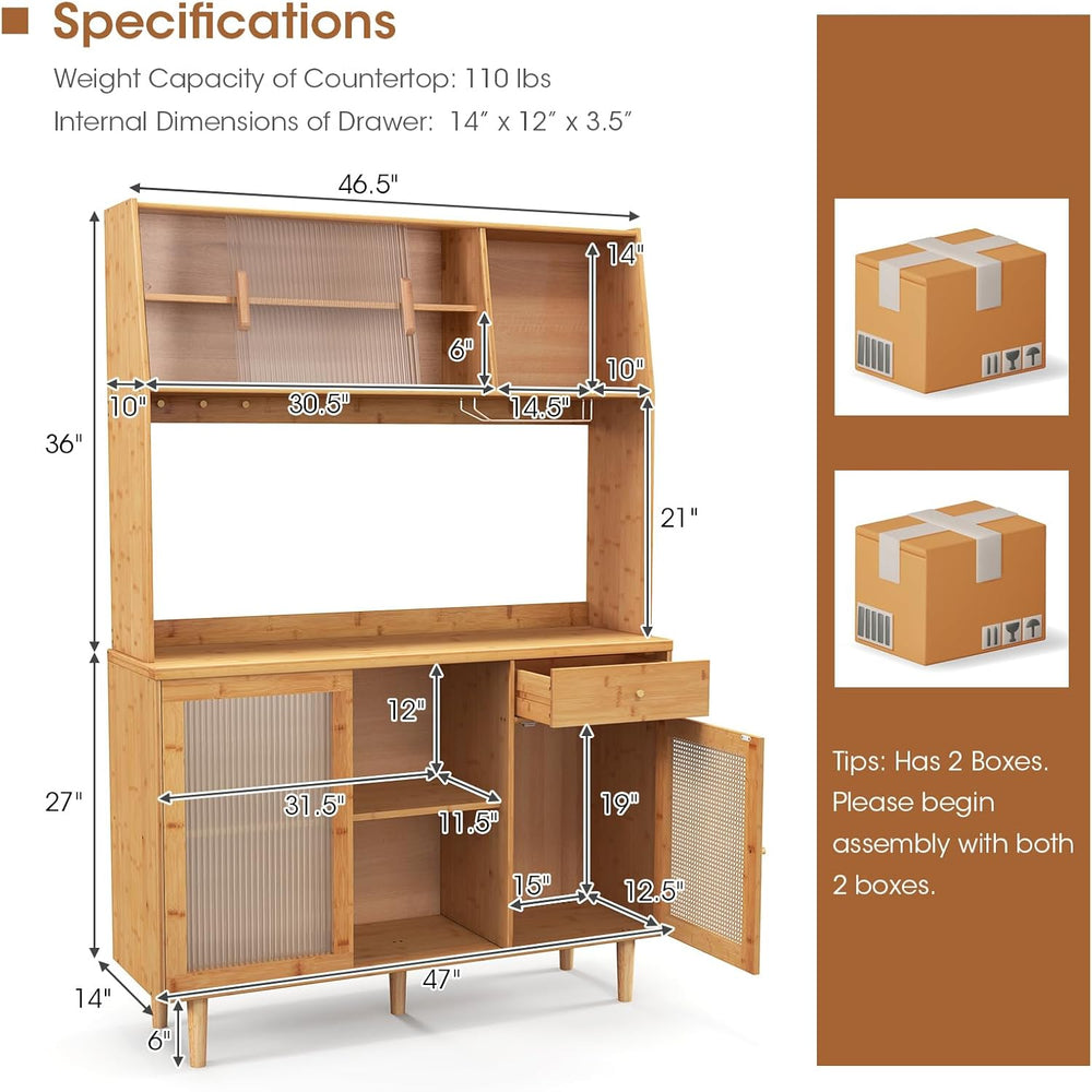 67" Tall Kitchen Pantry Storage Cabinet, Bamboo Hutch Cabinet with Micro...