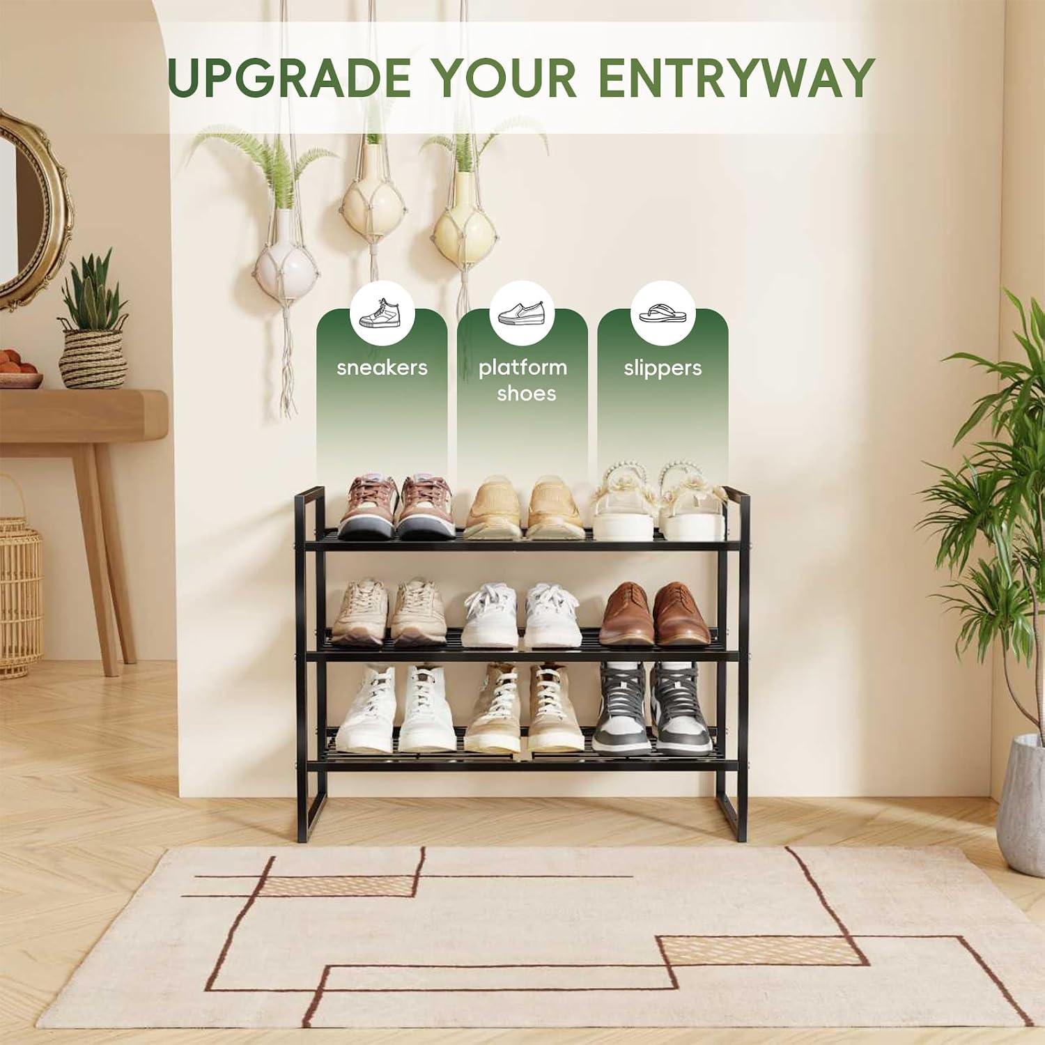 3-Tier Shoe Rack, 27" Wide Stackable Metal Wired Grid Shoe Shelf, Black | Sturdy Metal, Easy Assembly,Square-Tube Design, 9-12 Pairs of Shoes Storage Organizer for Closet, Entryway, Garage & Corridor