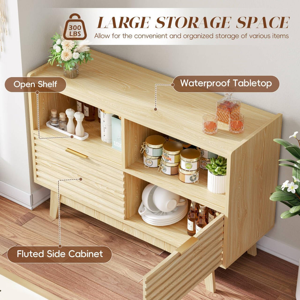 Fluted Buffet Sideboard Oak, Modern Storage Cabinet w/Cord Cutout, Accent Cab...