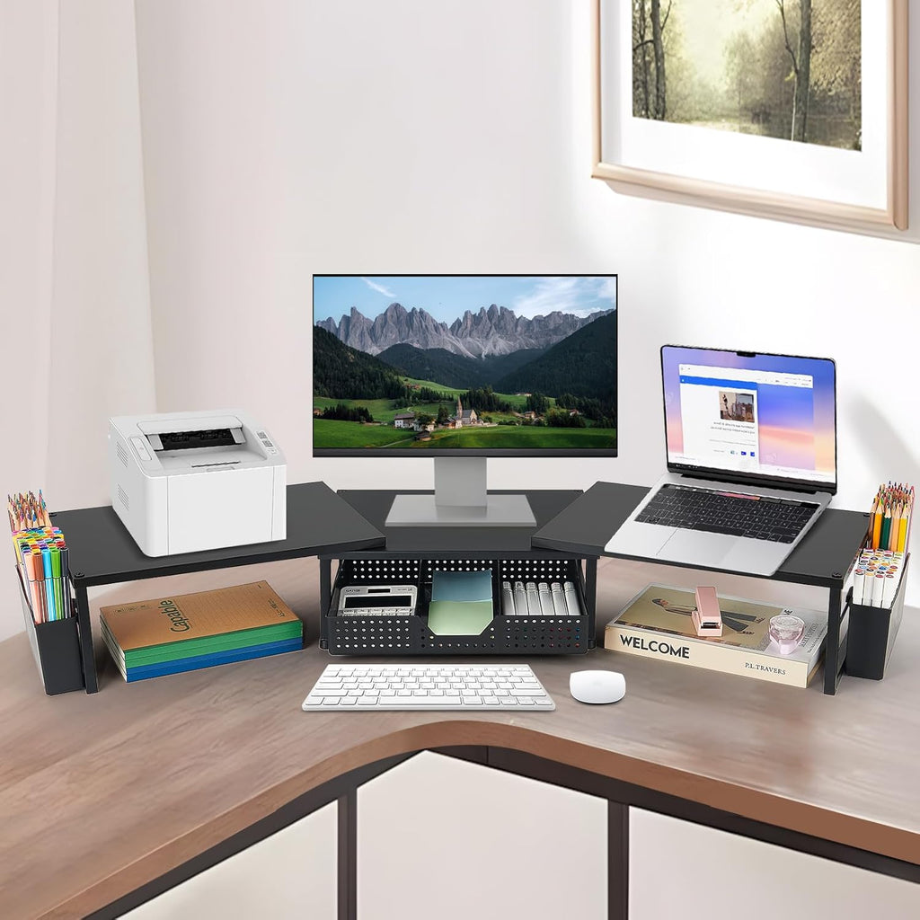 OPNICE Wood Desk Organizers and Accessories, Dual Monitor Stand Riser with Drawer and 2 Pen Holders, Desk Shelf Computer Racks for Office Workspace Organizers, Desktop Organization (Black)