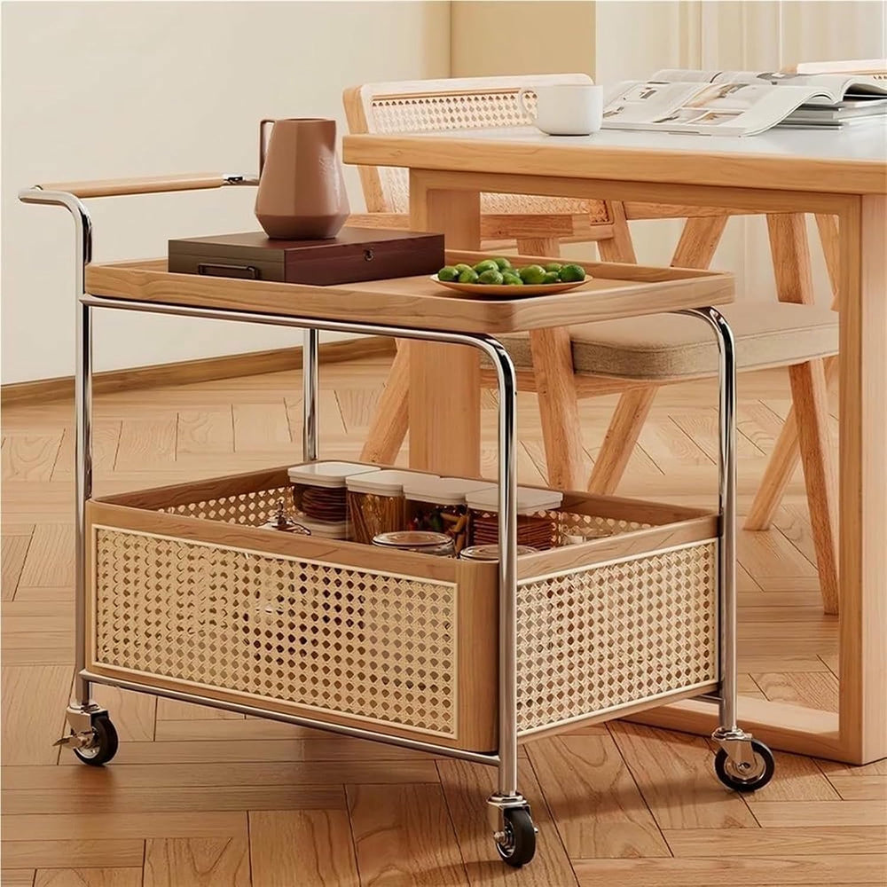 Rattan Side Table with Wheels Rolling 2-Layer Coffee Table Storage End Table ...