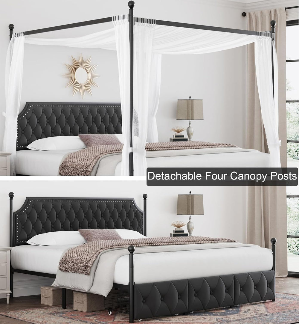 Keyluv King Upholstered Canopy Bed Frame with 3 Storage Drawers & Button ...