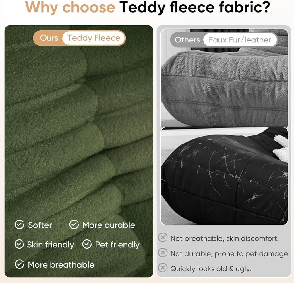 Giant Bean Bag Chairs for Adults Teen Reading Chair Togo Sofa Boneless Floor Couch Comfy Memory Foam Teddy Fleece BeanBag Fireside Lounge Chair for Living Room Bedroom, Green, 1 Seater