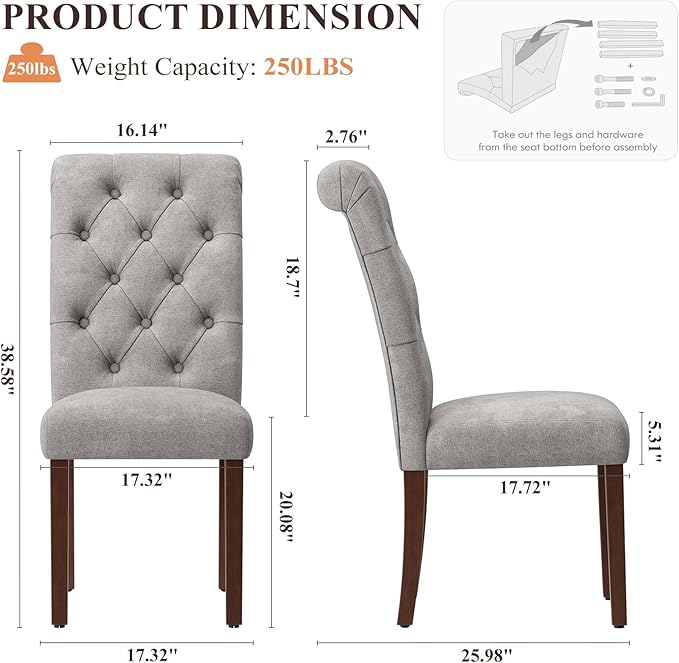 Upholstered Tufted Dining Room Chairs Set of 2, Parsons Kitchen Chairs with Padded Seat and Solid Wood Legs, Fabric Accent Side Diner Chair for Dining Room/Kitchen/Living Room, Light Grey