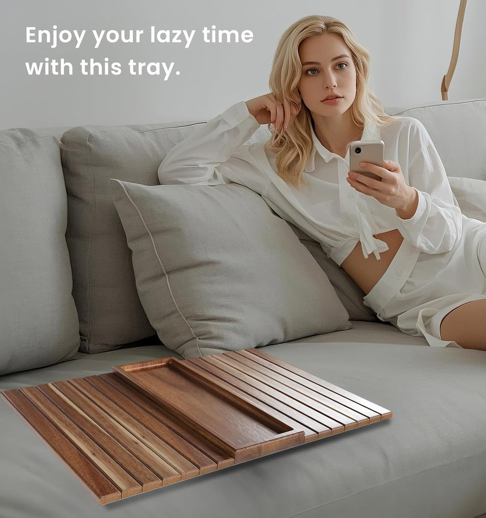 Sofa Arm Tray,Acacia Wood Folding Couch Arm Tray,Sofa Armrest Trays with Anti...