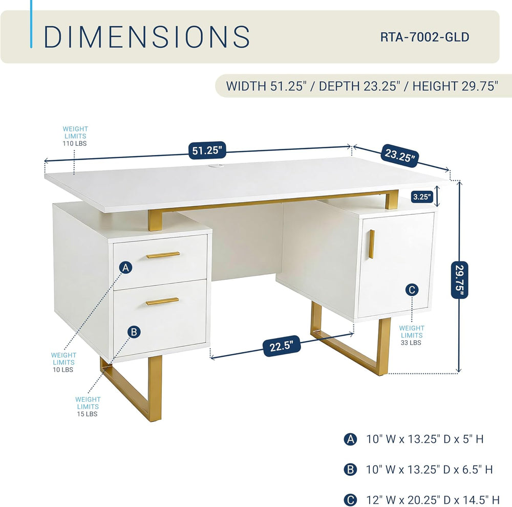 Techni Mobili 51"W Computer Desk w/ 2 Drawers & Storage Cabinet, Whi...