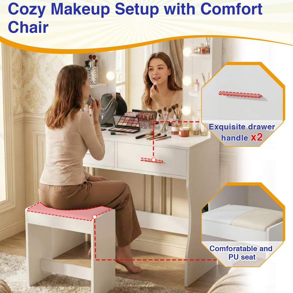 ‌FDW Vanity Desk with Mirror and Lights, 2-Drawer Makeup Vanity Desk with 3 A...