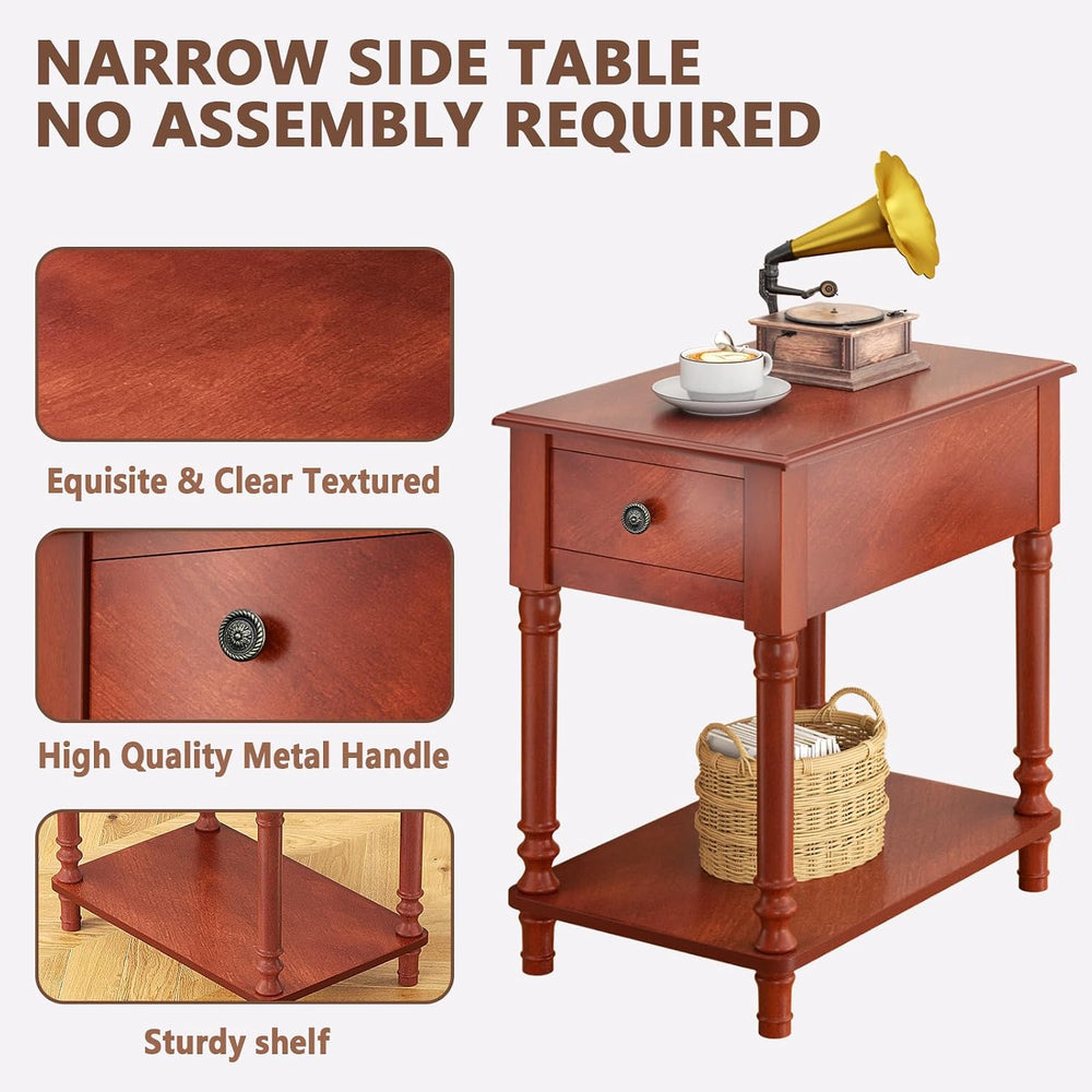 ROOMTEC Solid Wood End Table with Drawer and Shelf, Narrow Side Table Living ...