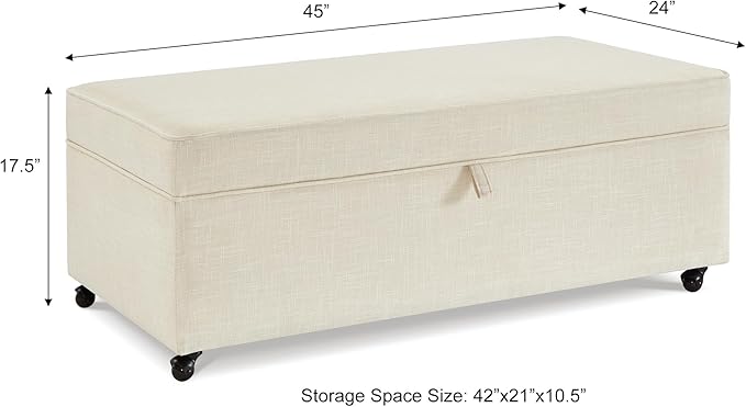 45" Modern Sofa Ottoman with Storage,Linen Upholstered Storage Bench with Rotation Casters and Safety Hinge, for Living Room,Ivory