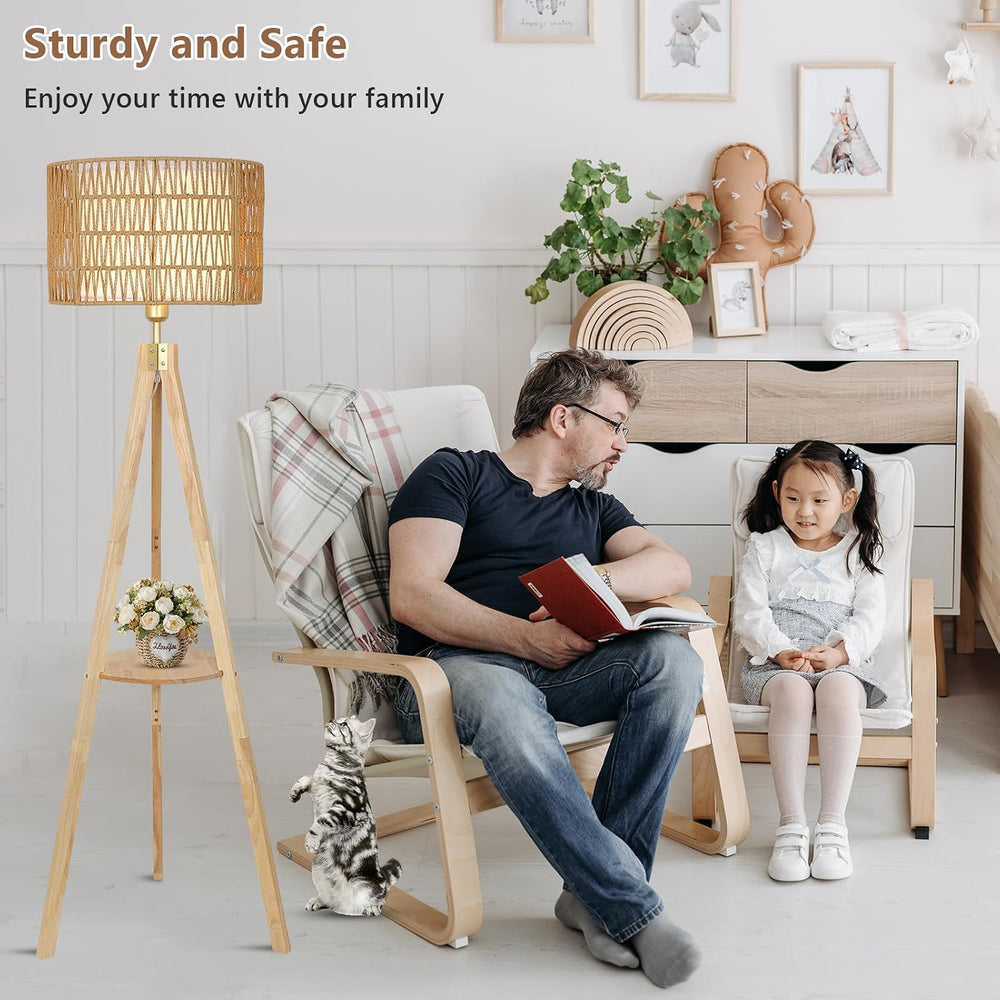 LAMSU Oak Wood Tripod Floor Lamps for Living Room, Boho Floor Lamp with Shelv...