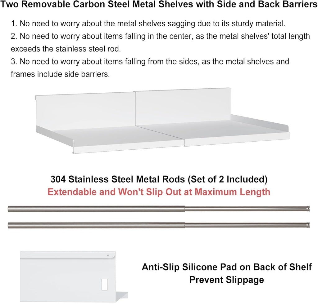 Expandable Under Cabinet Shelf Organizer with 1.25 Inches Thick Clips, Heavy Duty Extendable Under Shelf Storage Basket for Pantry or Laundry Room, White, 2 Pack, Interior: 5.7" H x 8.54" D