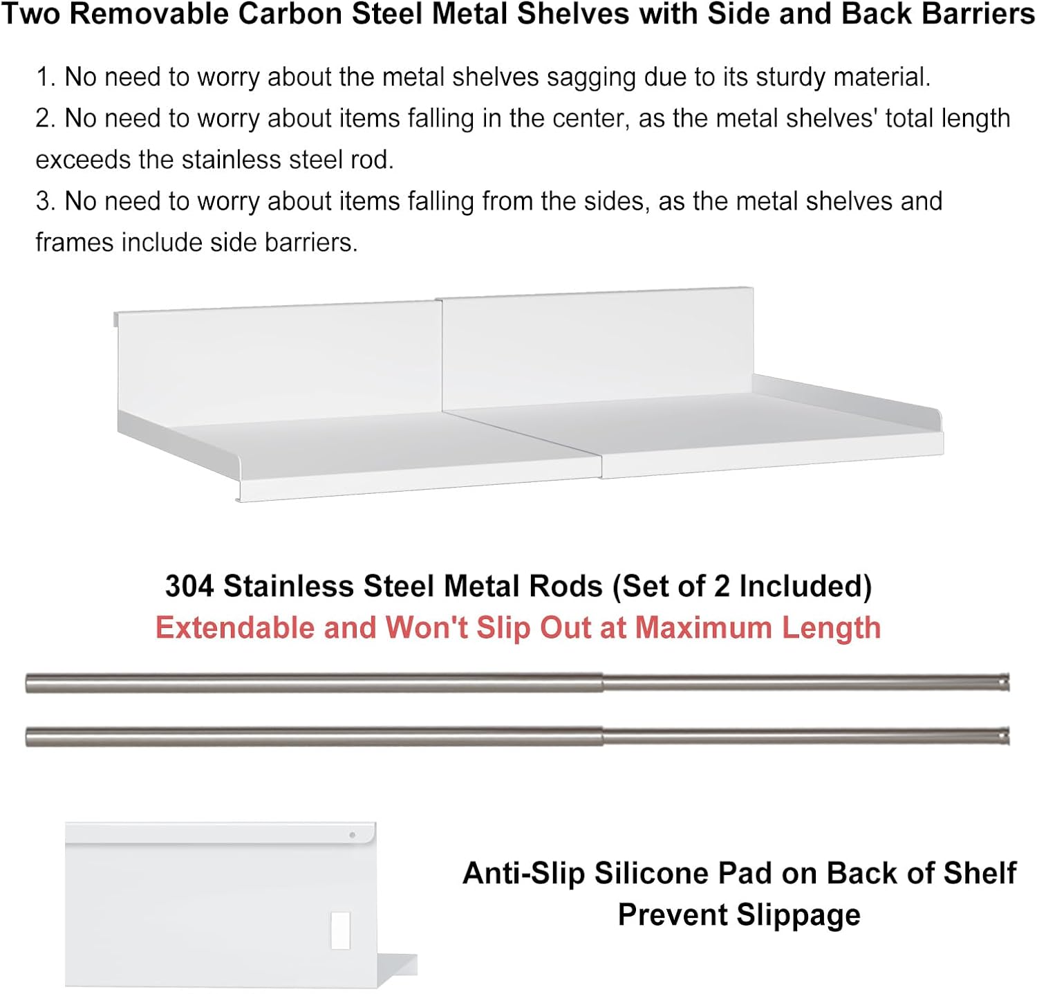 Expandable Under Cabinet Shelf Organizer with 1.25 Inches Thick Clips, Heavy Duty Extendable Under Shelf Storage Basket for Pantry or Laundry Room, White, 2 Pack, Interior: 5.7" H x 8.54" D