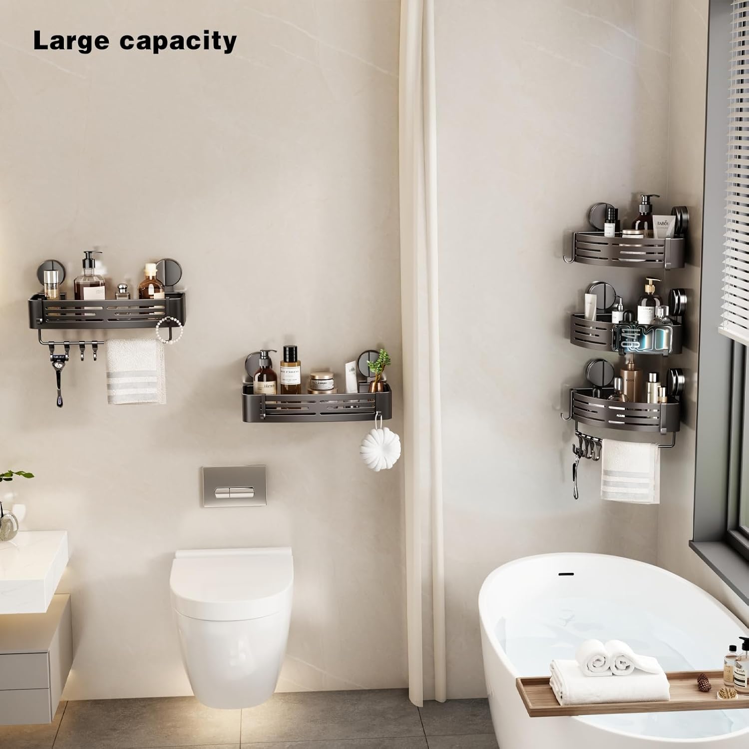 VOLPONE Shower Caddy Suction Cup No Drilling Suction Cup Shower Shelf Heavy Duty Bathroom Shower Organizer Storage Rack Adhesive with Towel Bar Hooks (3-Pack, Matte Gray)