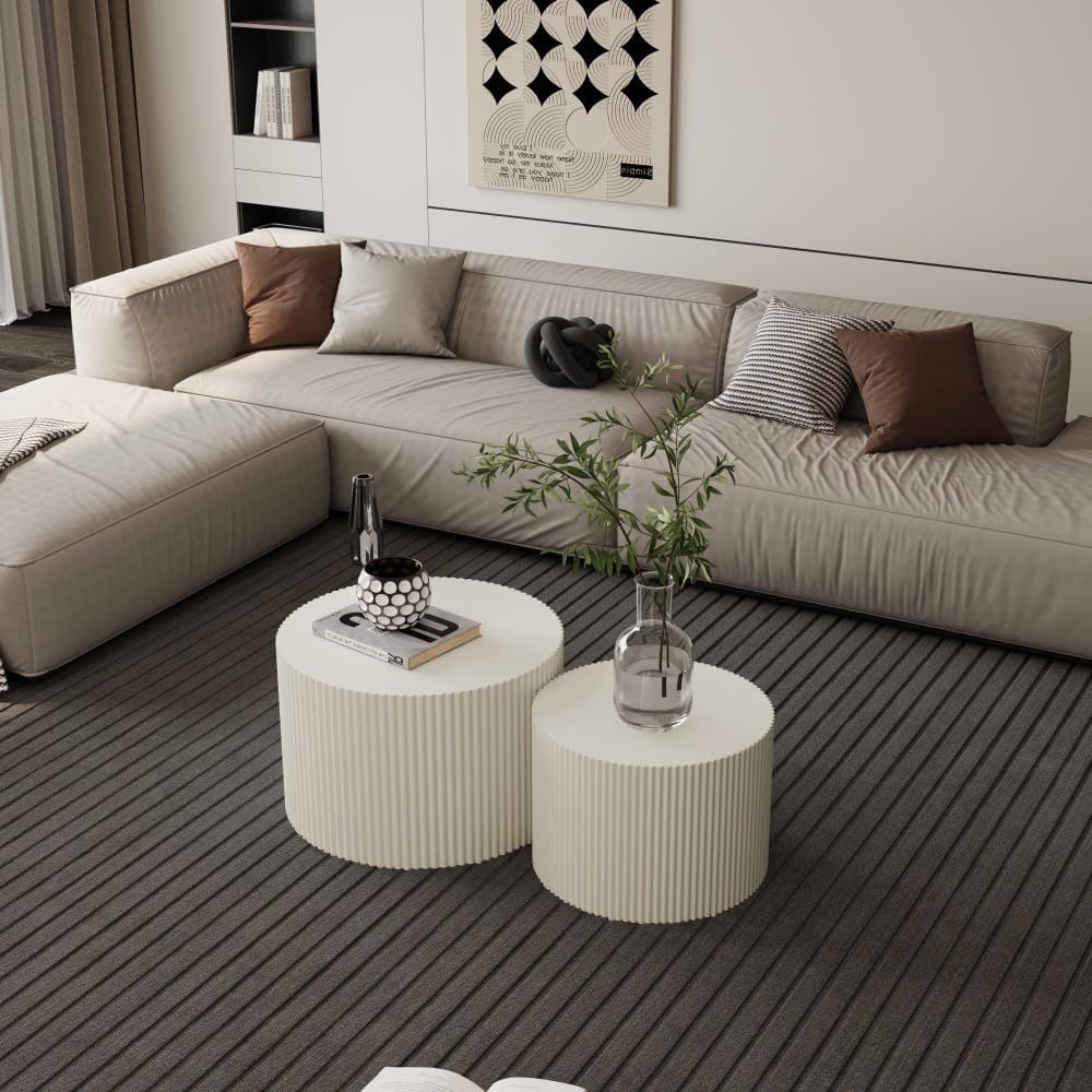 Coffee Table Set of 2, Black MDF Nesting Tables with Wave Stripe Design | Spa...