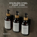 MaisoNovo Shampoo and Conditioner Dispenser - Shower Soap Dispenser Wall Mounted - 16.9 fl oz Set of 3 Amber Plastic Bottles Black Bamboo Pump - Shampoo Dispenser, Shower Dispenser 3 Chamber No Drill