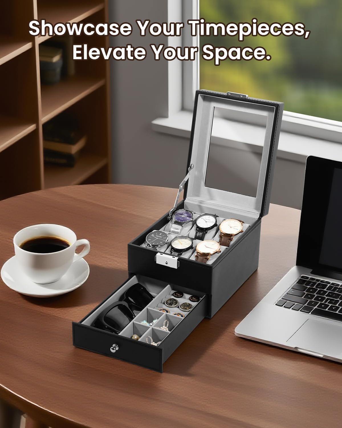 Uten 6-Slot Watch Box, 2-Layers PU Leather Watch Case with Glass Lid, Watch Holder Organizer with Soft Pillow and Velvet Lining, Watch and Jewelry Storage Box