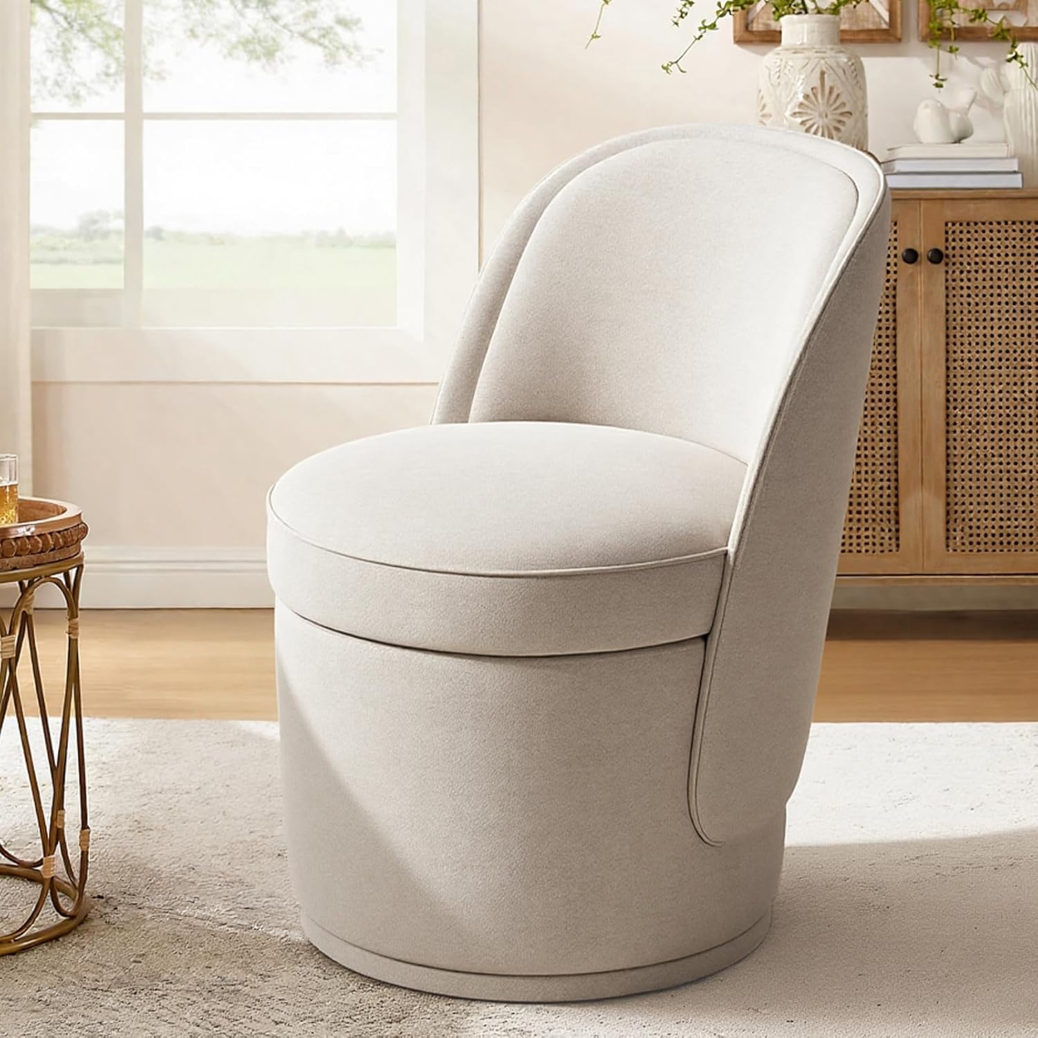MALOL Swivel Accent Chair, 360° Swivel Chair with Hidden Storage, Modern Small Barrel Swivel Armchair for Living Room/Bedroom, Beige