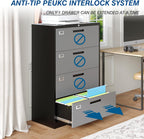 4 Drawer File Cabinet, Lateral Filing Cabinets for Home Office, Office Storage Drawers with Lock, Hanging Files Legal/Letter A4 Size (Assemble Required,Black Grey)
