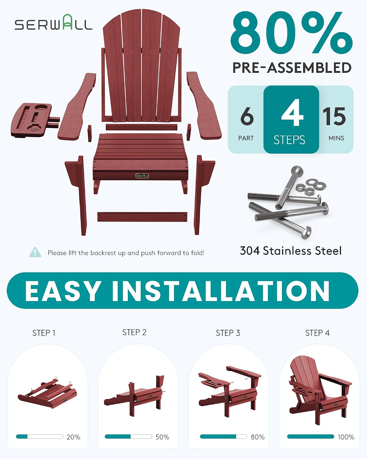 SERWALL Folding Adirondack Chair, 4 in 1 Cup Holder Wood Texture - Red | Outdoor Adirondack Chairs, Plastic Fire Pit Chair with Wood Texture, 4 in 1 Tray, Lawn Chair, Backyard Patio Seating