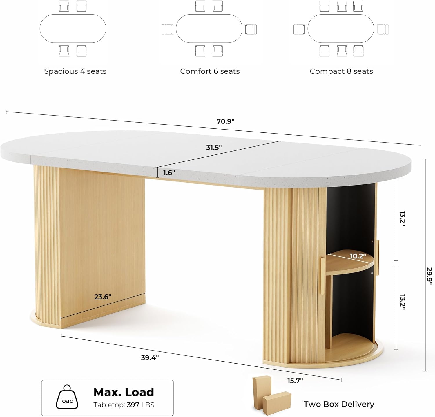 IRONCK 71" Oval Dining Table with Hidden Storage, Oak | Faux quartz-pattern laminate top, dual-sided cabinets, fluted engineered-wood base, and 397 lb capacity.