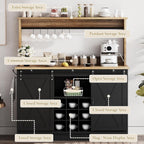 4ever2buy 47" Coffee Bar Cabinet with Storage Hutch & Wine Rack, Black | Coffee Bar Station with Sliding Barn Door, 7 Hooks and Adjustable Shelves for Kitchen, Dining Room, Living Room