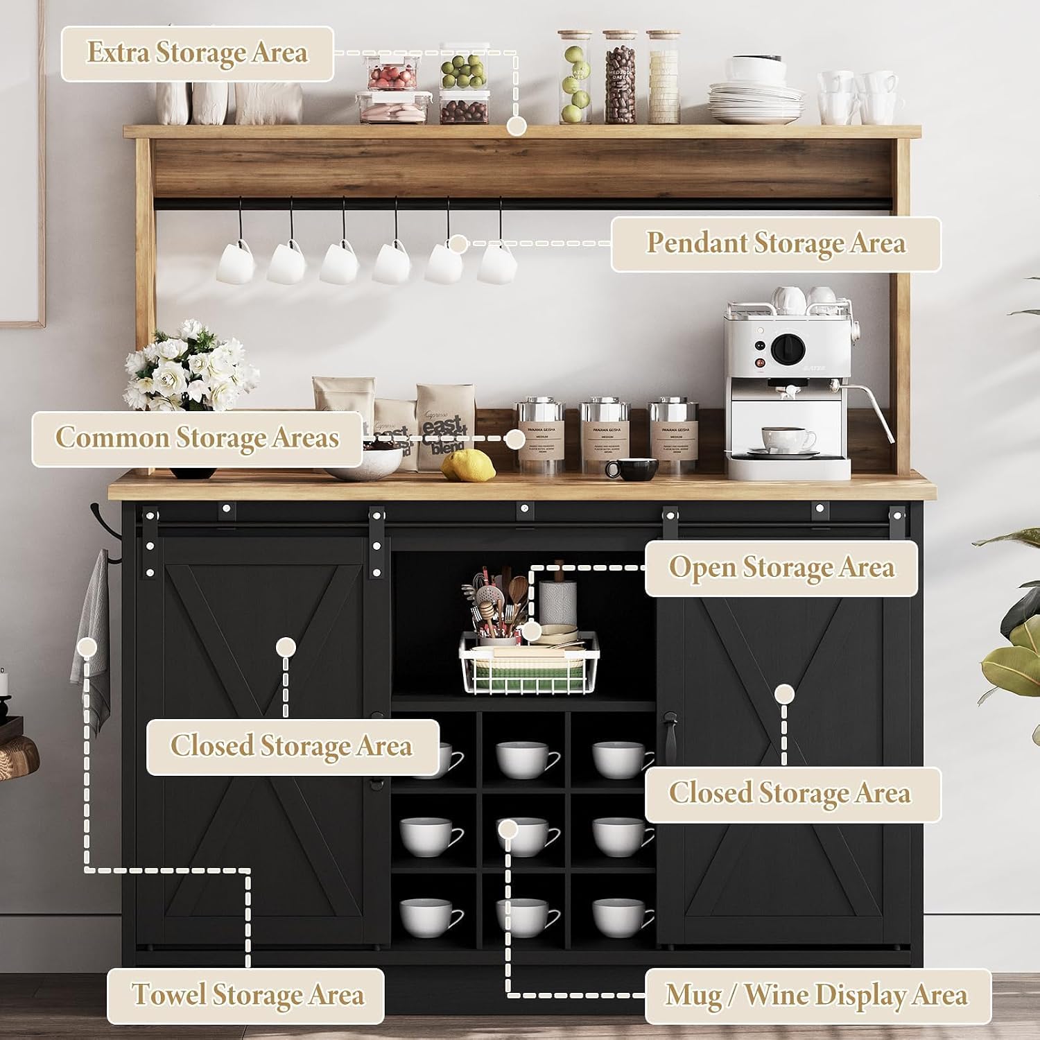 4ever2buy 47" Coffee Bar Cabinet with Storage Hutch & Wine Rack, Black | Coffee Bar Station with Sliding Barn Door, 7 Hooks and Adjustable Shelves for Kitchen, Dining Room, Living Room