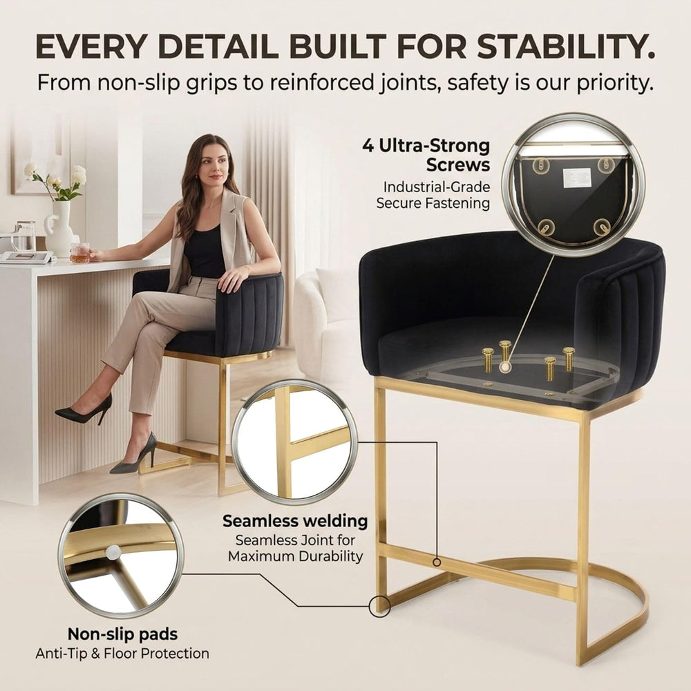Hyfirm Set of 3 Black Velvet Counter Height Bar Stools Gold Base
