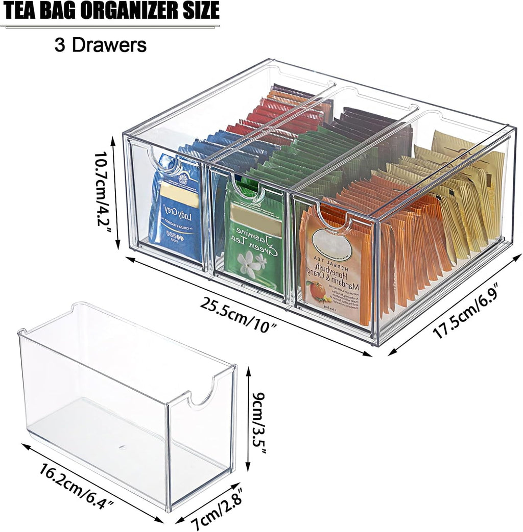 ELLDOO 3 Drawers Tea Bag Organizer Box, Clear Acrylic Stackable Tea Bag Storage Holder for Kitchen Pantry, Coffee Pod Snack Storage for Countertop Cabinet