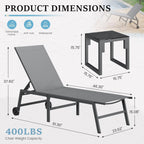 UDPATIO Outdoor Lounge Chairs Set of 2 with Side Table Poolside Chaise Lounge Chair with Wheels 5-Position Backrest Reclining Rust Free for Patio Deck