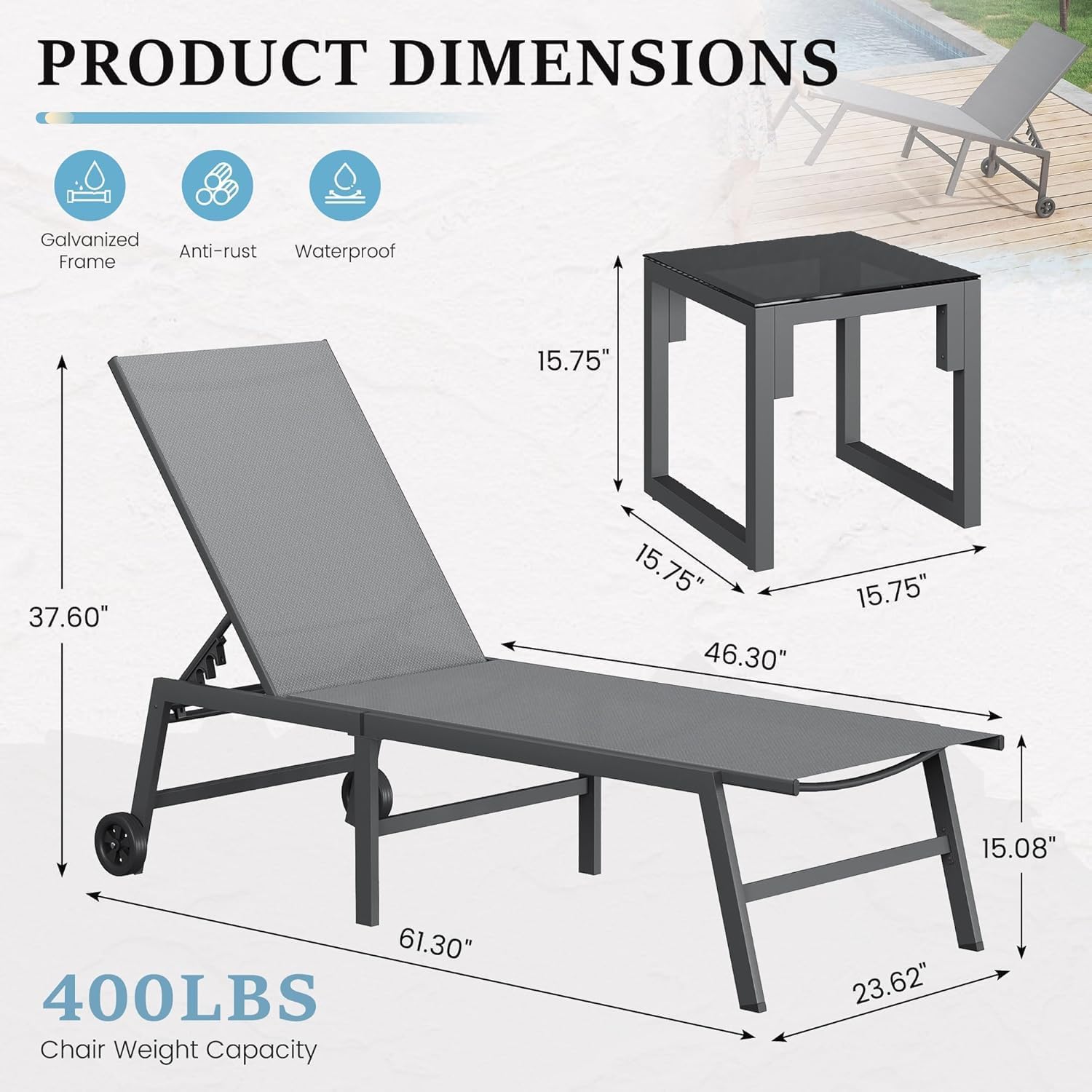 UDPATIO Outdoor Lounge Chairs Set of 2 with Side Table Poolside Chaise Lounge Chair with Wheels 5-Position Backrest Reclining Rust Free for Patio Deck