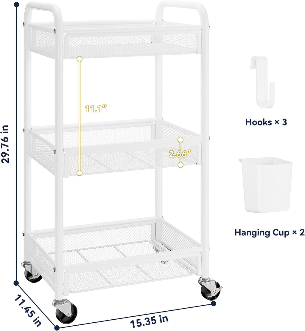 YASONIC 3 Tier Metal Rolling Cart, White Utility Storage Cart with Wheels | Metal Mesh Craft Cart With Hooks & Hanging Cups, Ideal For Kitchen, Bathroom, Office, Dorm, Art Workspace, Bedside Storage