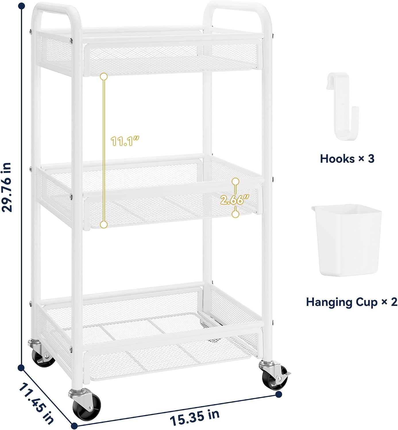 YASONIC 3 Tier Metal Rolling Cart, White Utility Storage Cart with Wheels | Metal Mesh Craft Cart With Hooks & Hanging Cups, Ideal For Kitchen, Bathroom, Office, Dorm, Art Workspace, Bedside Storage
