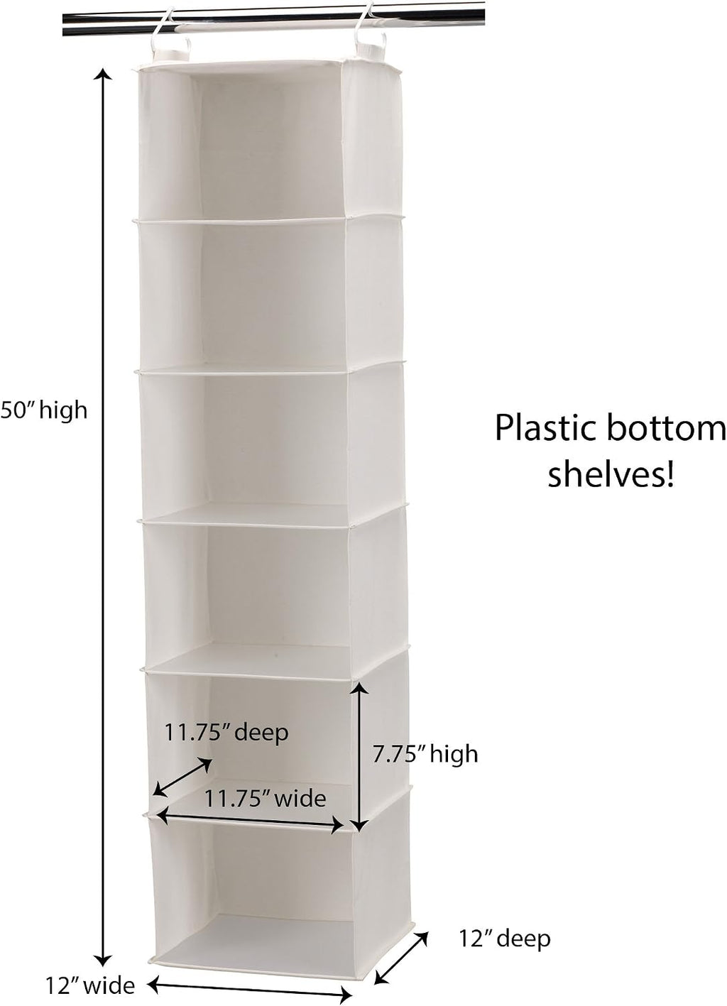 Household Essentials 6‑Shelf Hanging Closet Organizer in Soft Blended Canvas with Durable Plastic Shelving and Dual Wire Hooks, Cream