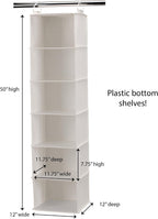 Household Essentials 6‑Shelf Hanging Closet Organizer in Soft Blended Canvas with Durable Plastic Shelving and Dual Wire Hooks, Cream