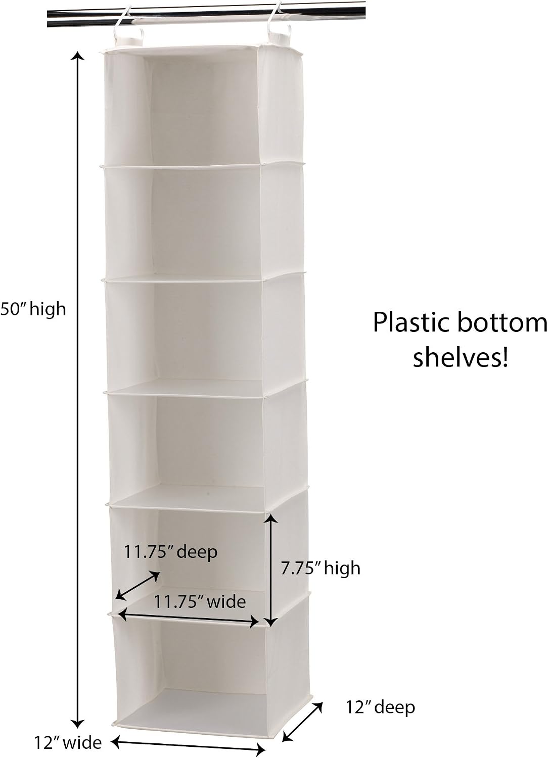 Household Essentials 6‑Shelf Hanging Closet Organizer in Soft Blended Canvas with Durable Plastic Shelving and Dual Wire Hooks, Cream