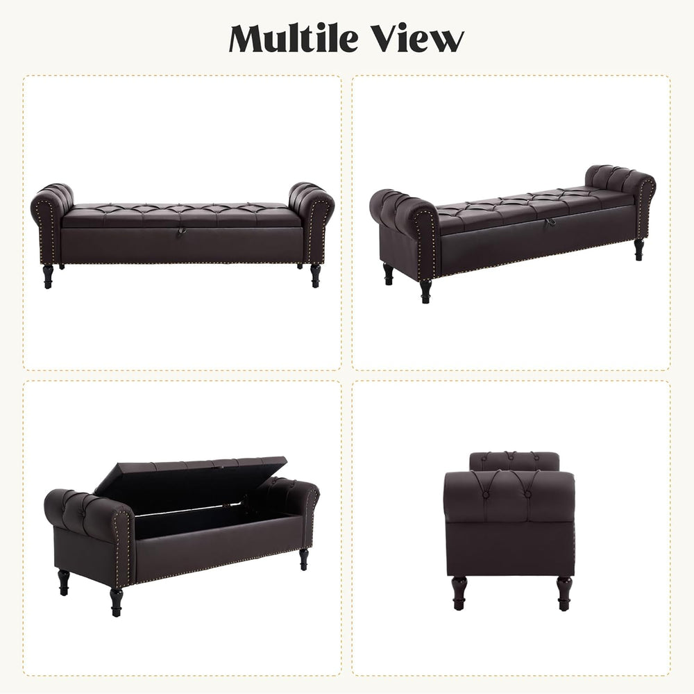 Faux Leather Storage Bench 67 Inch Upholstered Tufted Ottoman Bench with Arms...