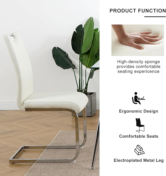 Goujxcy Dining Chairs Set of 4, Modern High Back Kitchen Chairs with Metal Legs and Faux Leather Padded Seat Upholstered Dining Chairs for Dining & Kitchen,Living Room (White&Silver, Set of 4)