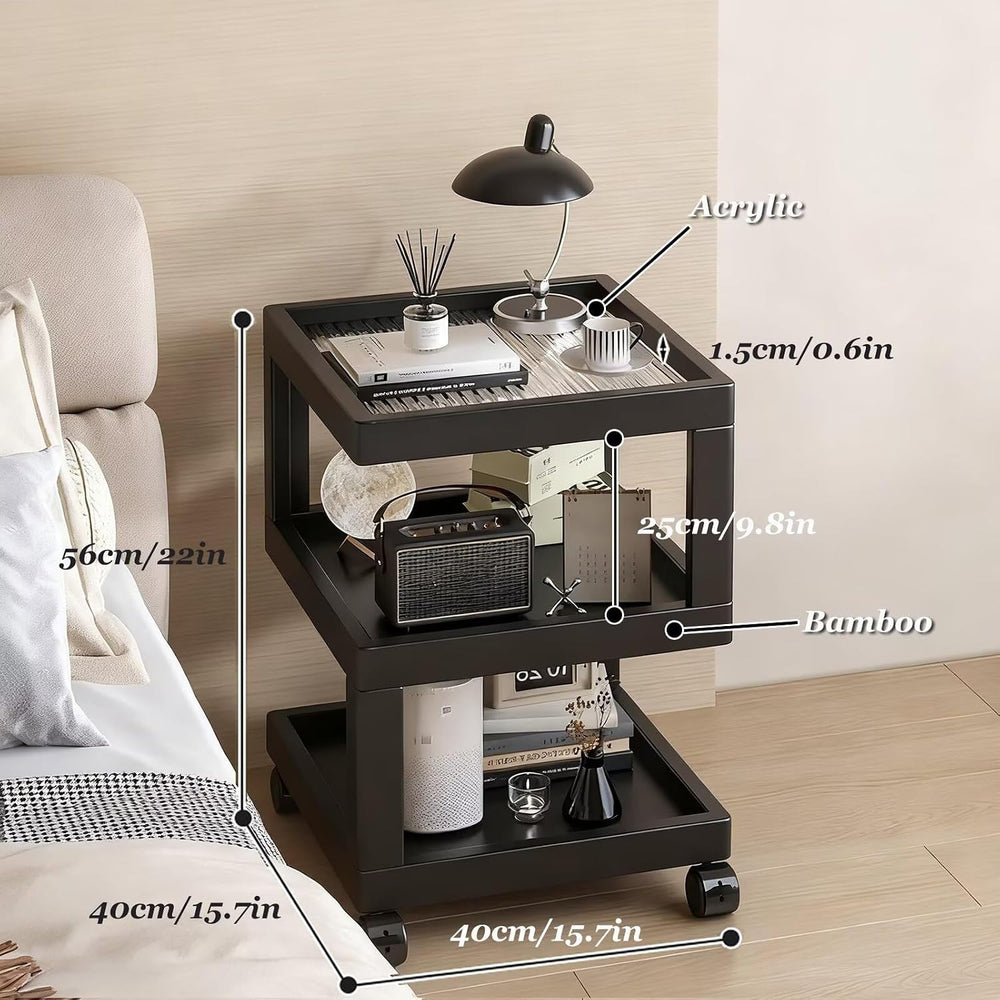 Bedroom Nightstand Cart Mobile Multi-Function Shelf with Lockable Casters, St...