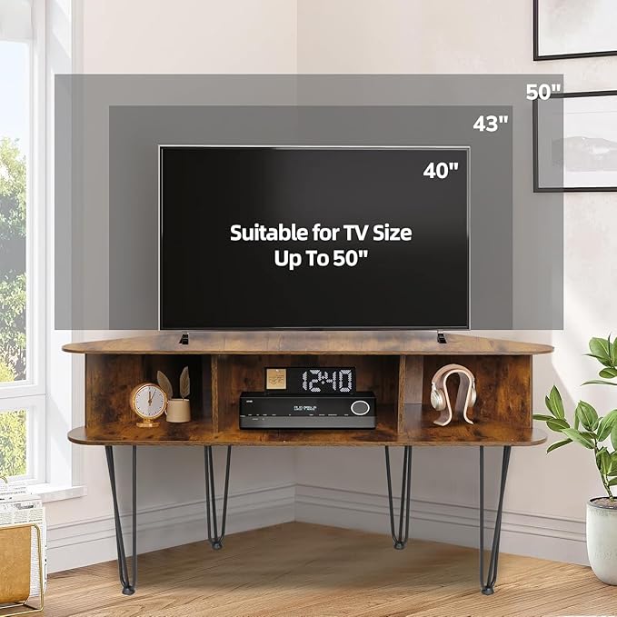 Corner TV Stand for 50 Inch TV, Entertainment Center with Storage Cabinet, Industrial Media Console Table with High Metal Feet and Anti-Slip Pads, Corner TV Stand for Living Room, Brown