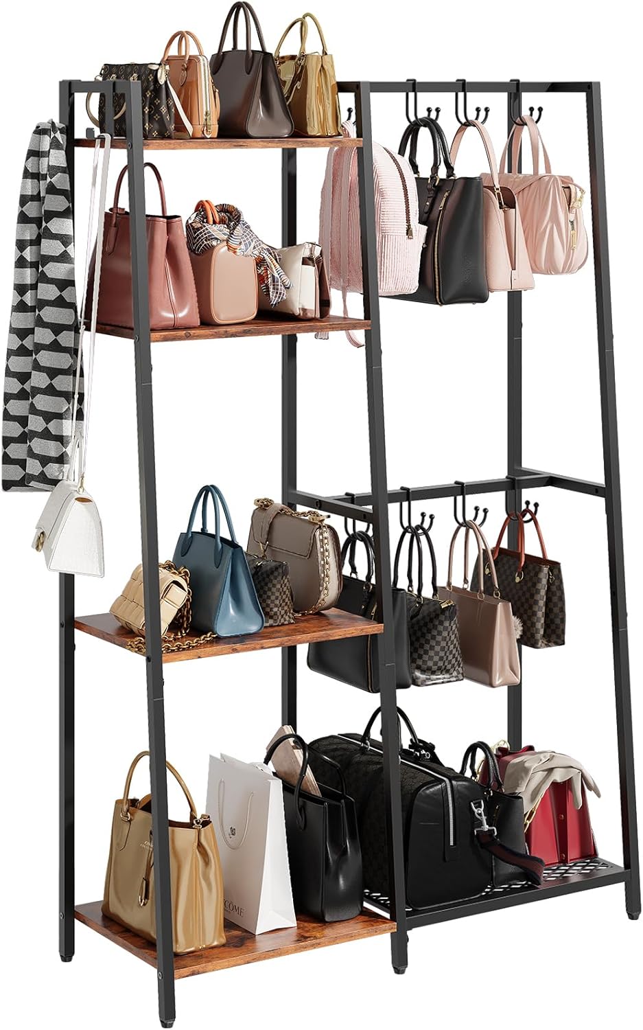 Purse Storage Organizer for Closet, 4-Tier Iron Wood Purse Rack, 8 Purse Hooks & 2 Side Hooks for Bag Organizer, Large Capacity Handbag Storage Rack for Home, Living Room