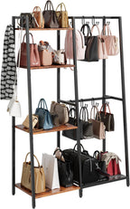 Purse Storage Organizer for Closet, 4-Tier Iron Wood Purse Rack, 8 Purse Hooks & 2 Side Hooks for Bag Organizer, Large Capacity Handbag Storage Rack for Home, Living Room