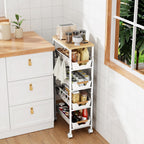 5-Tier Slim Storage Cart, Wooden Top Rolling Kitchen Cart with Pull-Out Baskets & Wheels, Narrow Space Utility Cart Slide Out Organizer for Kitchen, Bathroom, Laundry Room, White