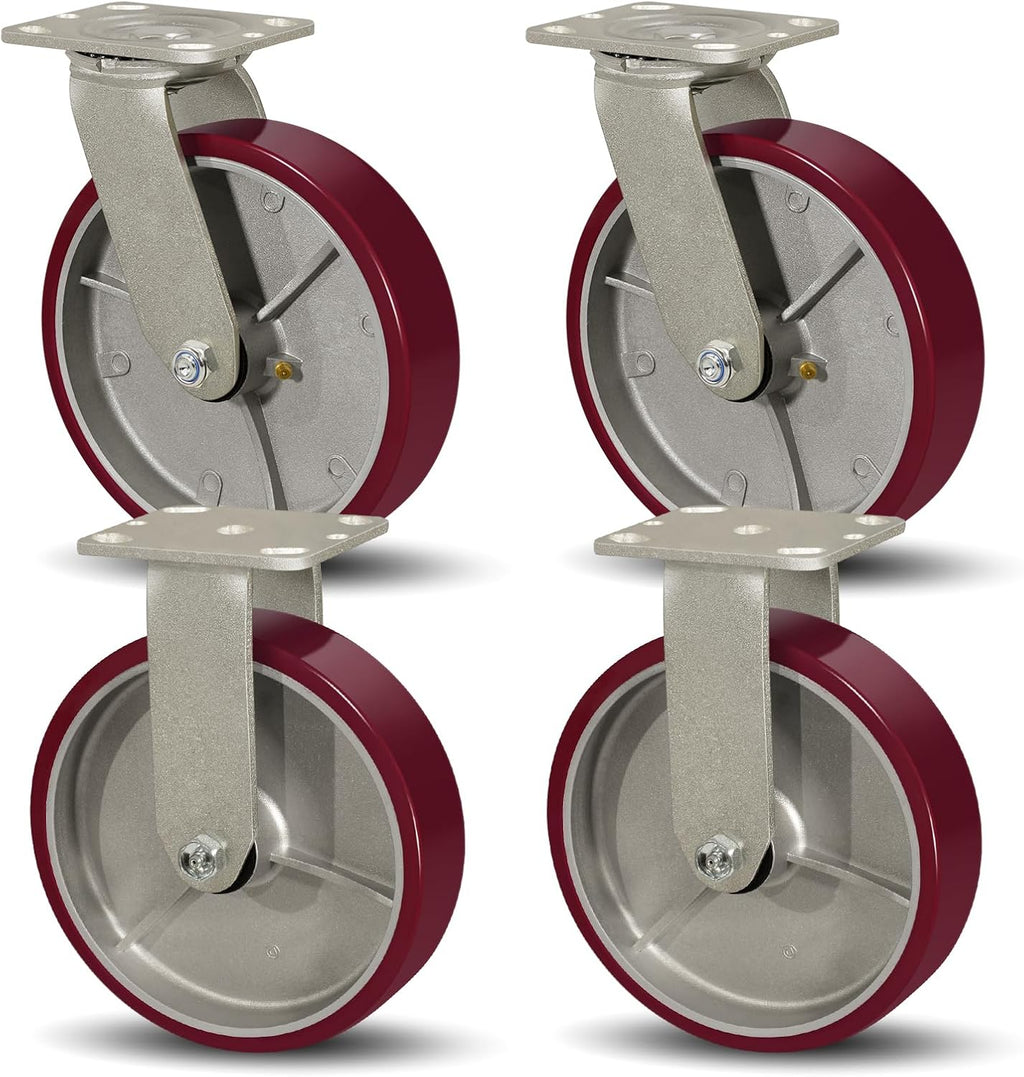 SY America 8" X 2" Casters Wheels,Heavy Duty Casters Set of 4，Polyurethane on Aluminum Wheels,2 Rigid 2 Swivel Casters,6400 LBS Load Capacity