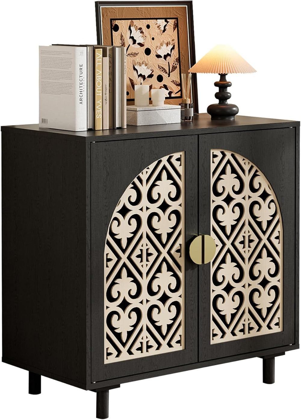 Decorative Storage Cabinet Sideboard with Hollow Carved Panels, 2 Doors, Natu...